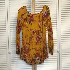 Nygard Floral Scoop Neck Open Shoulder Long Sleeved Blouse